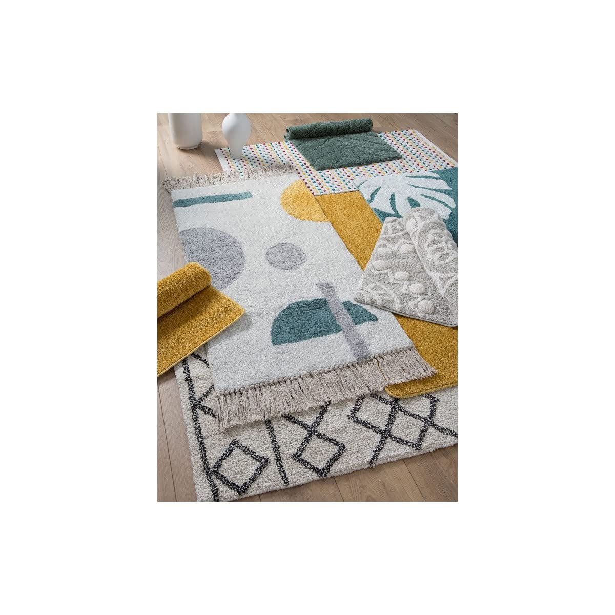 LEVASSEUR Abstrait Tapis Coton à Franges Vert 60x120cm