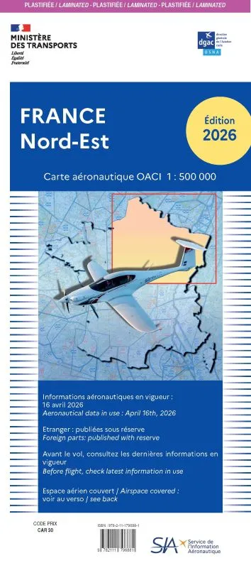 Carte OACI Nord-Est plastifiée 2026 1/500 000 VFR