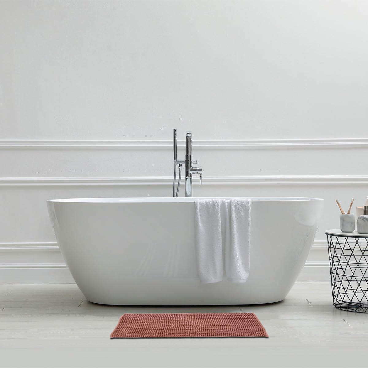 LEVASSEUR Stripy tapis de bain chenille rose uni 50x70cm