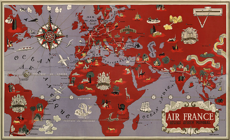 Air France Planisphère rouge 1935 affiche aviation collector