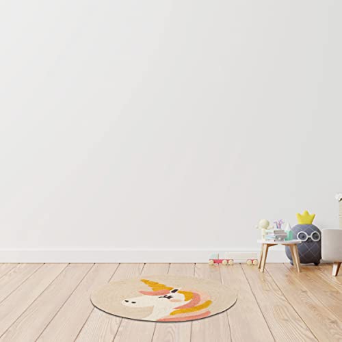 LEVASSEUR Kids Tapis Rond Enfant 70x70cm Licorne Écru