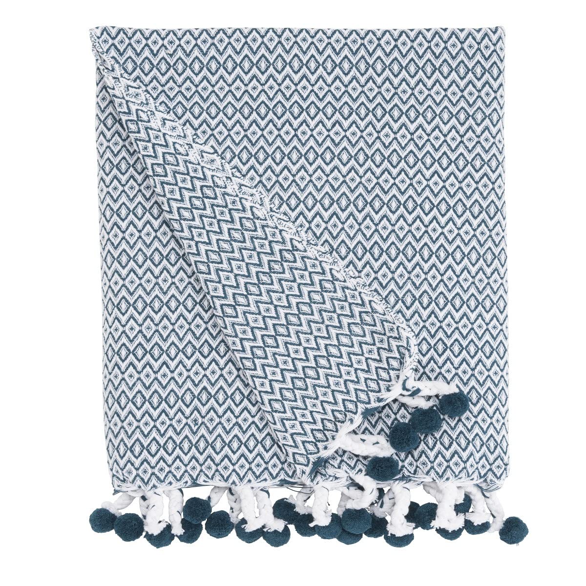 Levasseur Salon Chambre Plaid pompons pétrole 125x150cm
