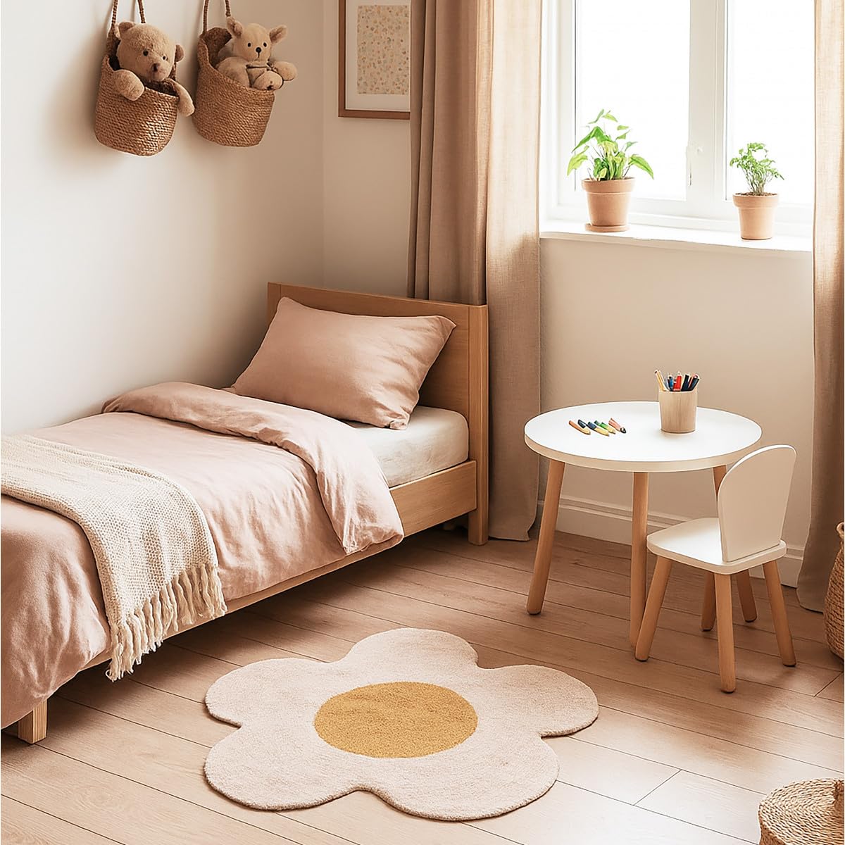LEVASSEUR Kids tapis enfant fleur coton marguerite rose 80x80cm