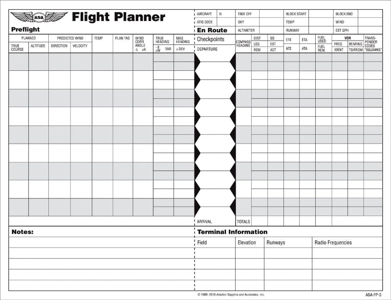 ASA Log de navigation Flight Planner Pad bloc 48 fiches
