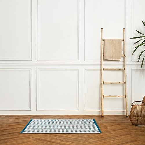Levasseur Camino Tapis Coton 50x80 cm Pétrole Réversible