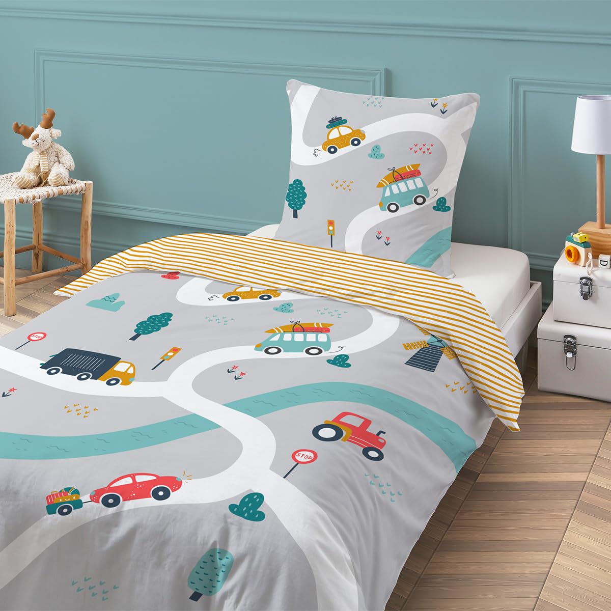 Future Home Kids Parure de Lit 140x200 Voiture Garçon Gris
