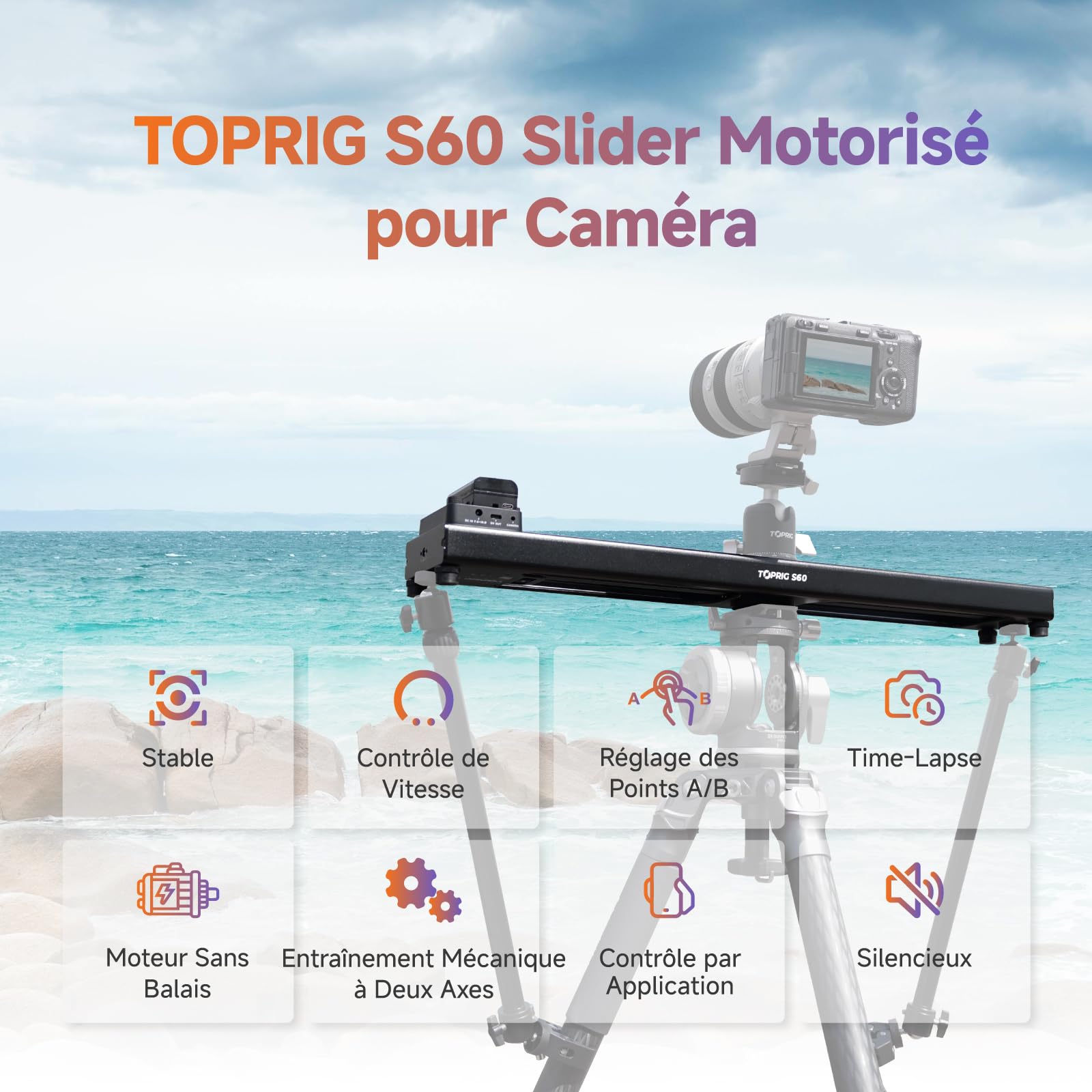 Toprig S60 Slider Motorisé 60cm Rail Vidéo Bluetooth 4kg
