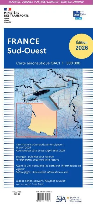 Carte OACI Sud-Ouest plastifiée 2026 1/500 000 carte VFR