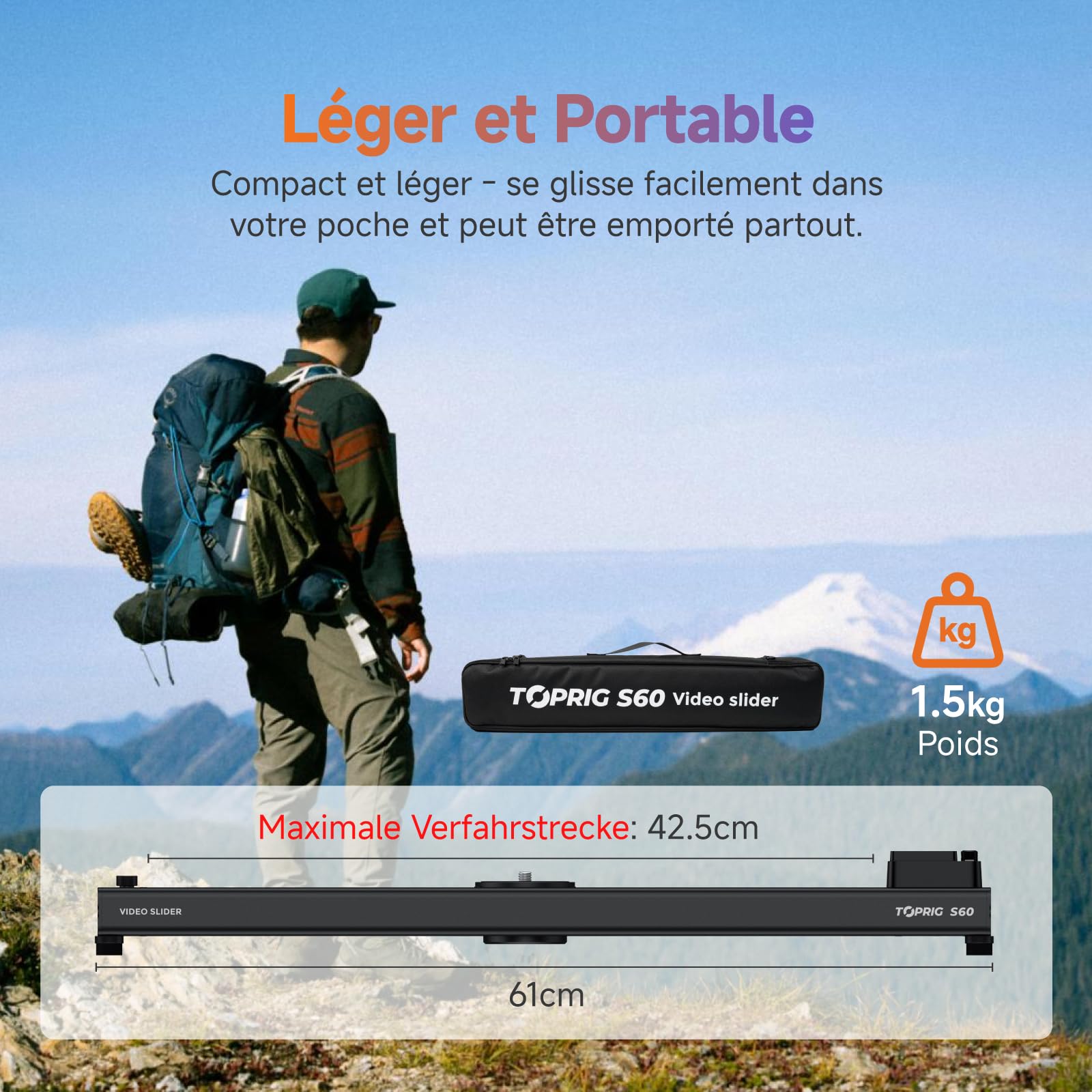 Toprig S60 Slider Motorisé 60cm Rail Vidéo Bluetooth 4kg