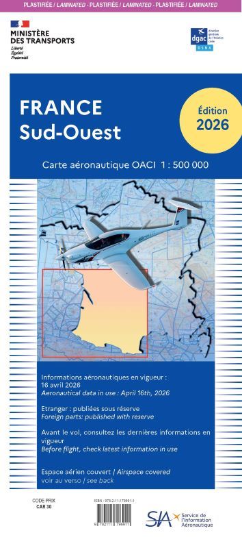 Carte OACI Sud-Ouest plastifiée 2026 1/500 000 carte VFR