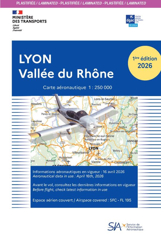 Carte VFR Lyon Vallée du Rhône 2026 plastifiée 1/250 000