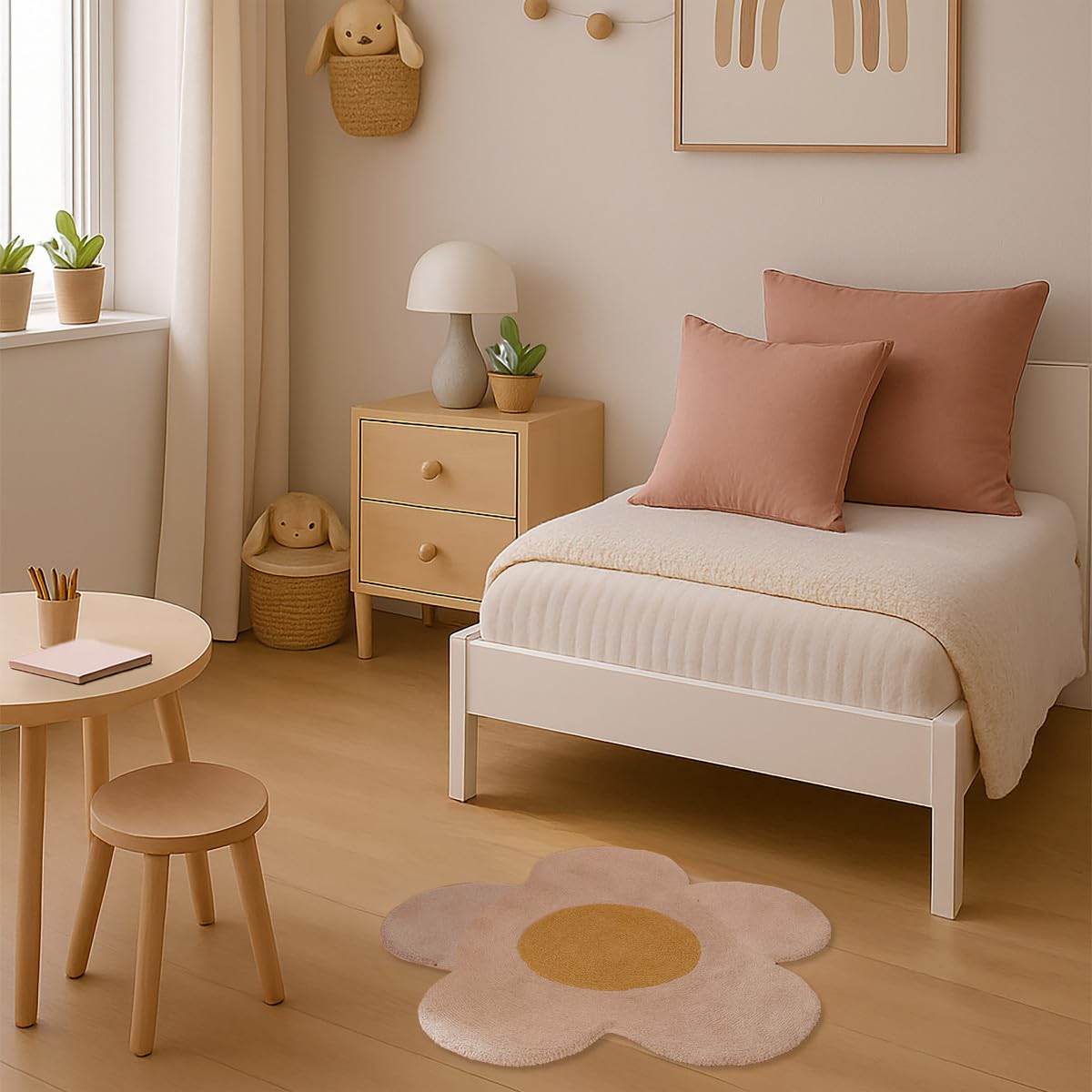 LEVASSEUR Kids tapis enfant fleur coton marguerite rose 80x80cm
