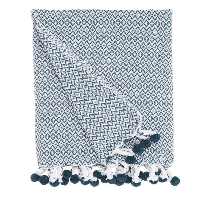 Levasseur Salon Chambre Plaid pompons pétrole 125x150cm