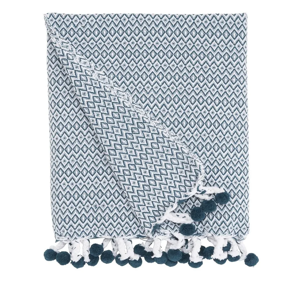 Levasseur Salon Chambre Plaid pompons pétrole 125x150cm