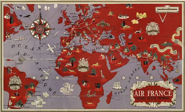 Air France Planisphère rouge 1935 affiche aviation collector