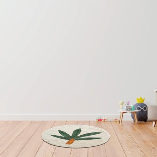 LEVASSEUR Kids tapis enfant rond coton palmier blanc 80x80cm