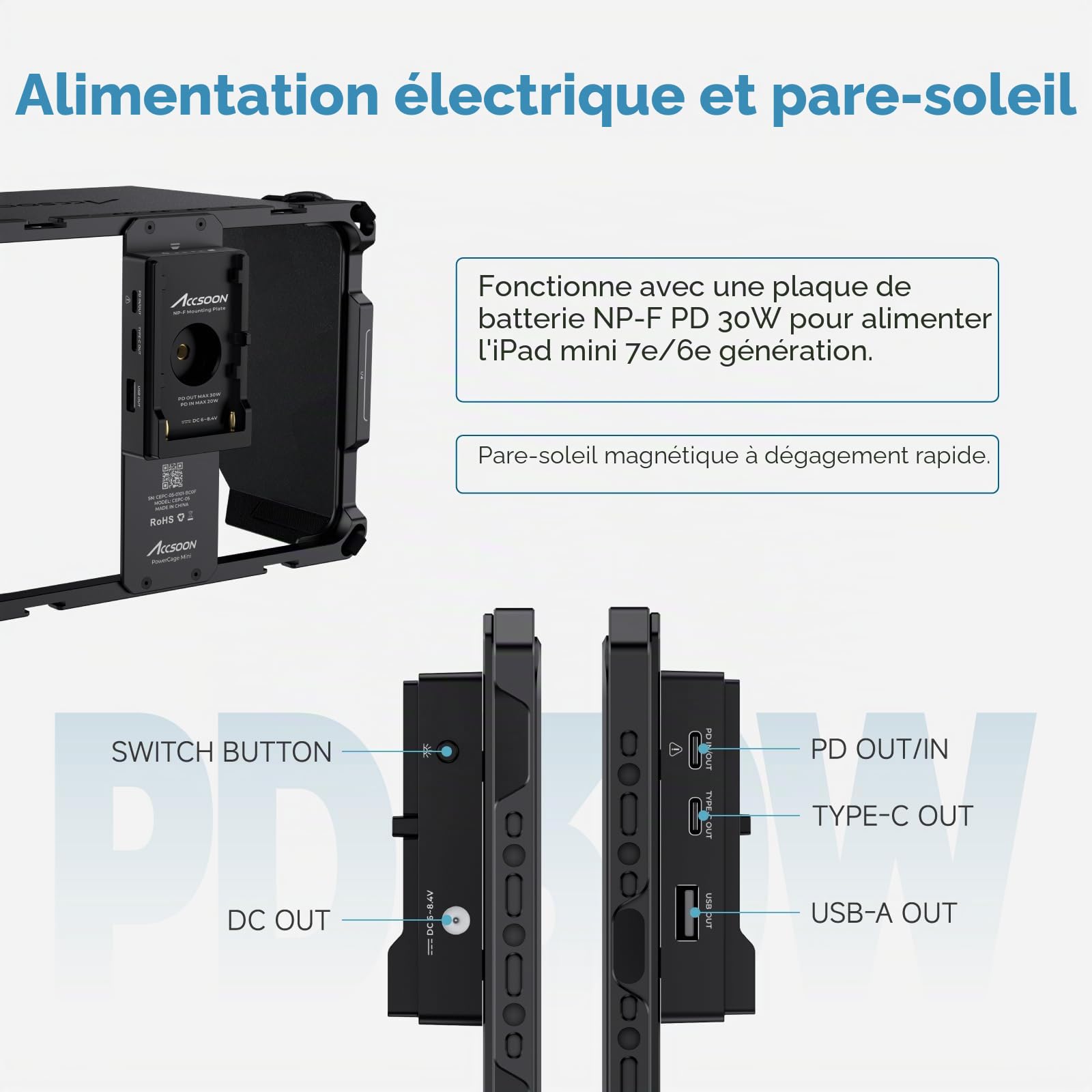 Accsoon PowerCage Mini Cage iPad Mini 6 A17 Pro 8,3 pouces NP-F