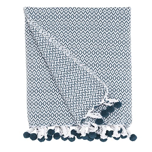 Levasseur Salon Chambre Plaid pompons pétrole 125x150cm