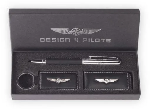 Design4Pilots coffret stylo pilote cuir noir 3 pièces