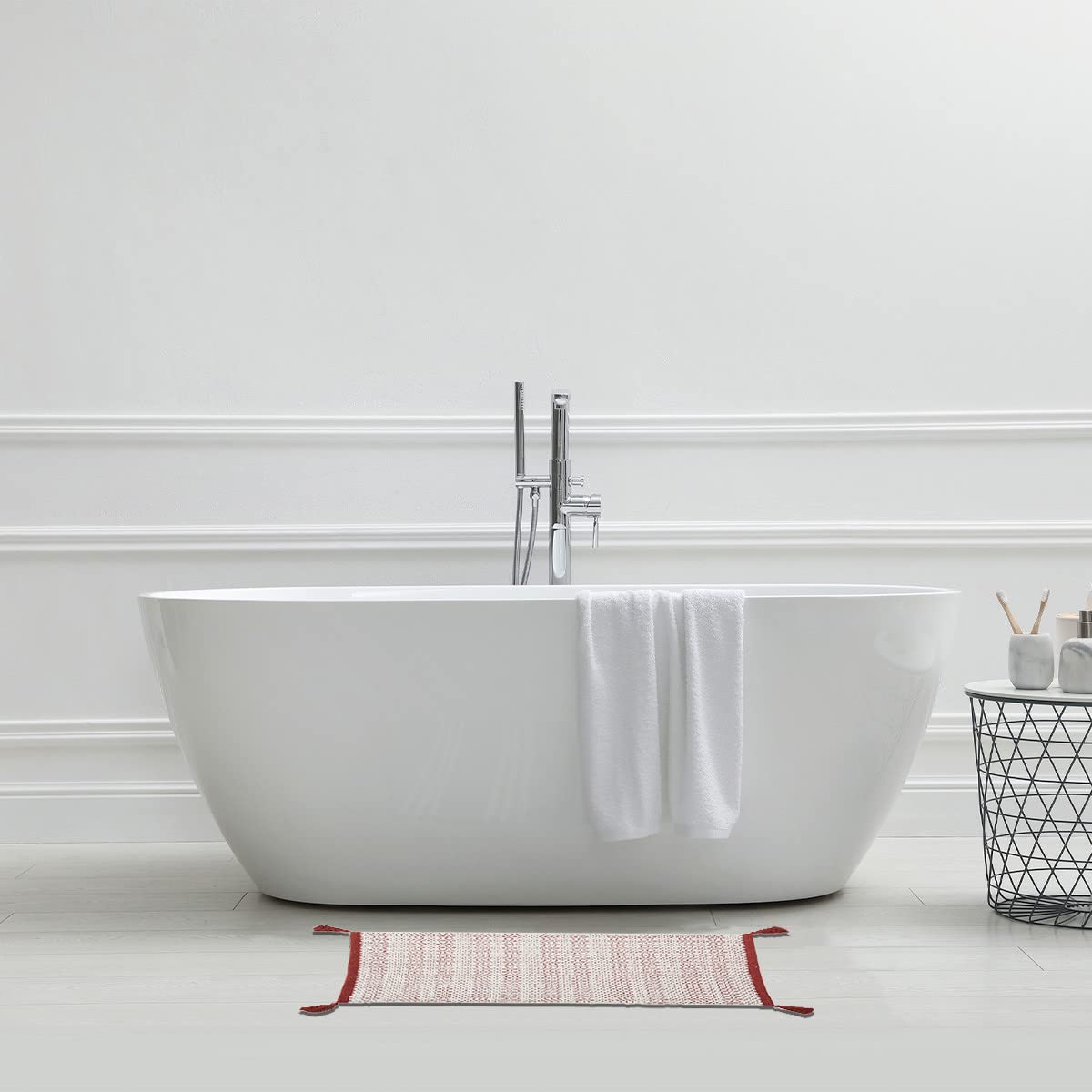Levasseur tapis de bain coton tissé terracotta pompons 50x80cm