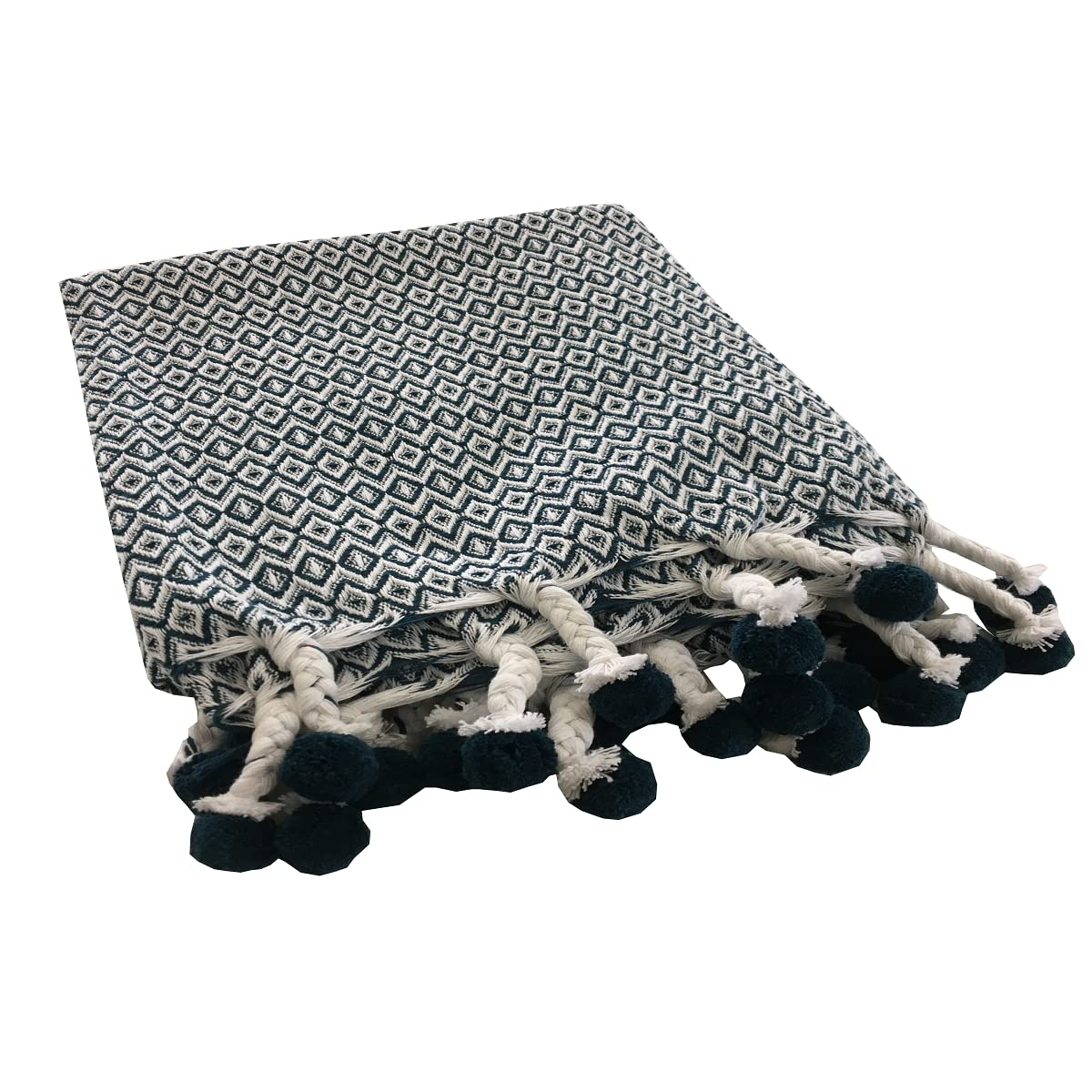 Levasseur Salon Chambre Plaid pompons pétrole 125x150cm