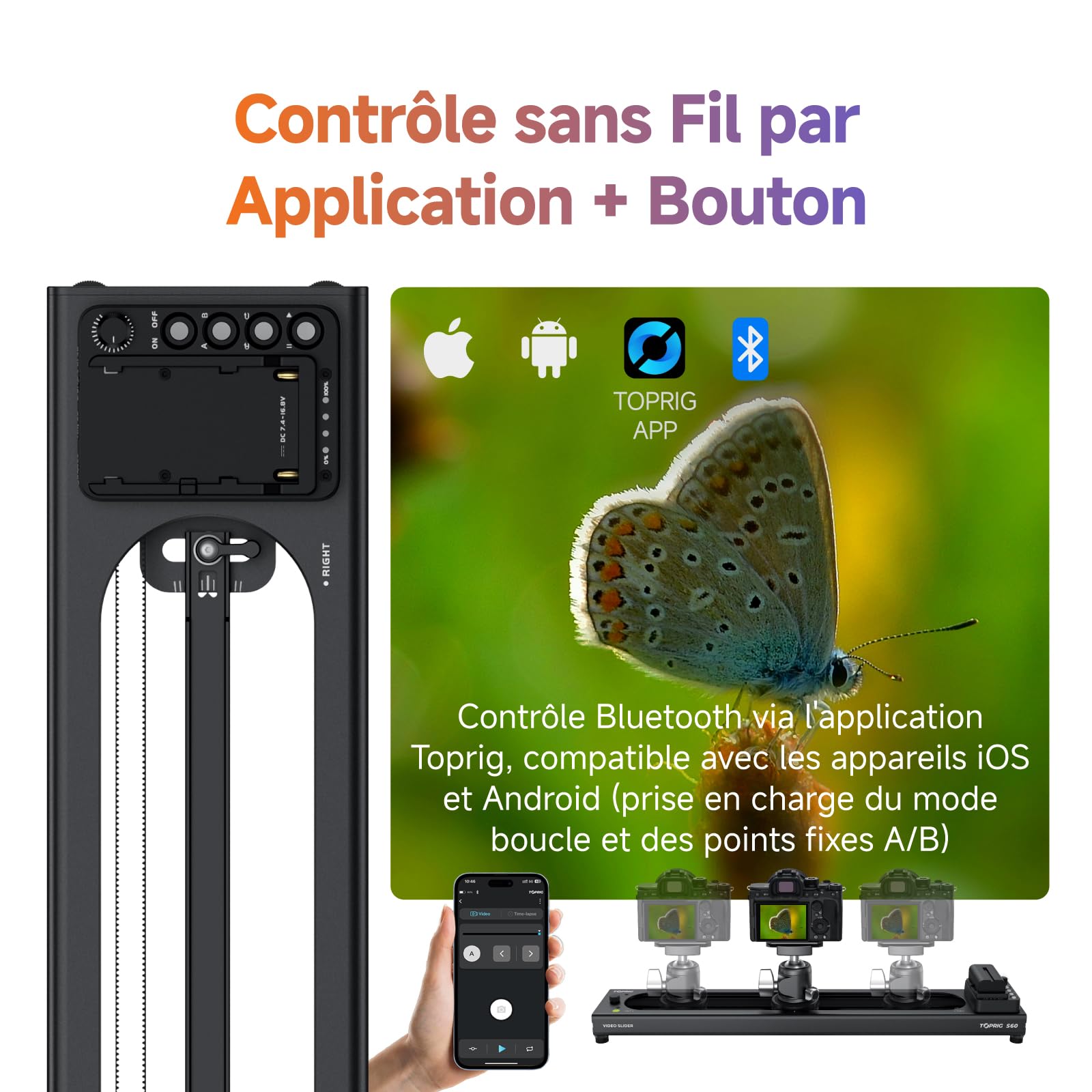 Toprig S60 Slider Motorisé 60cm Rail Vidéo Bluetooth 4kg