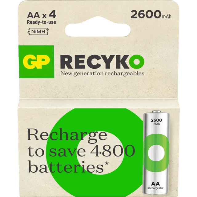 GP Recyko AA 2600mAh Piles Rechargeables Lot de 4 NiMH