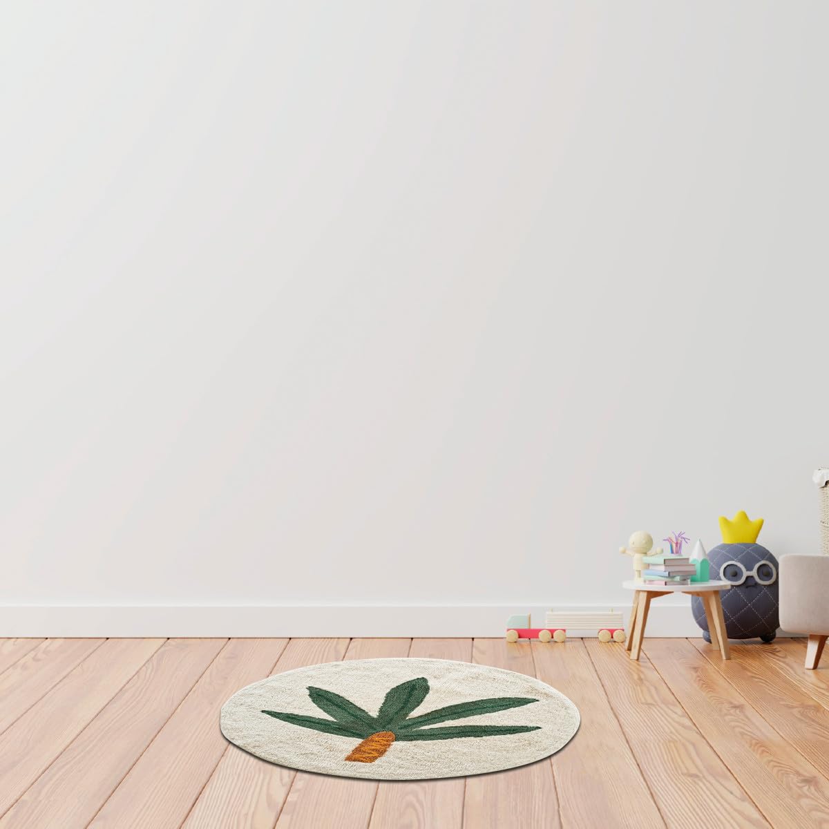 LEVASSEUR Kids tapis enfant rond coton palmier blanc 80x80cm
