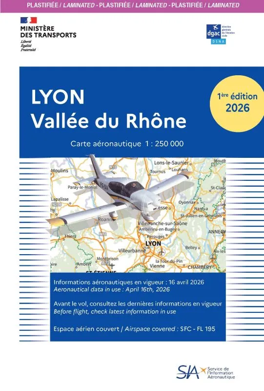 Carte VFR Lyon Vallée du Rhône 2026 plastifiée 1/250 000